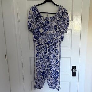 Rachel Zoe Blue and White Floral set crop top and balloon pants.